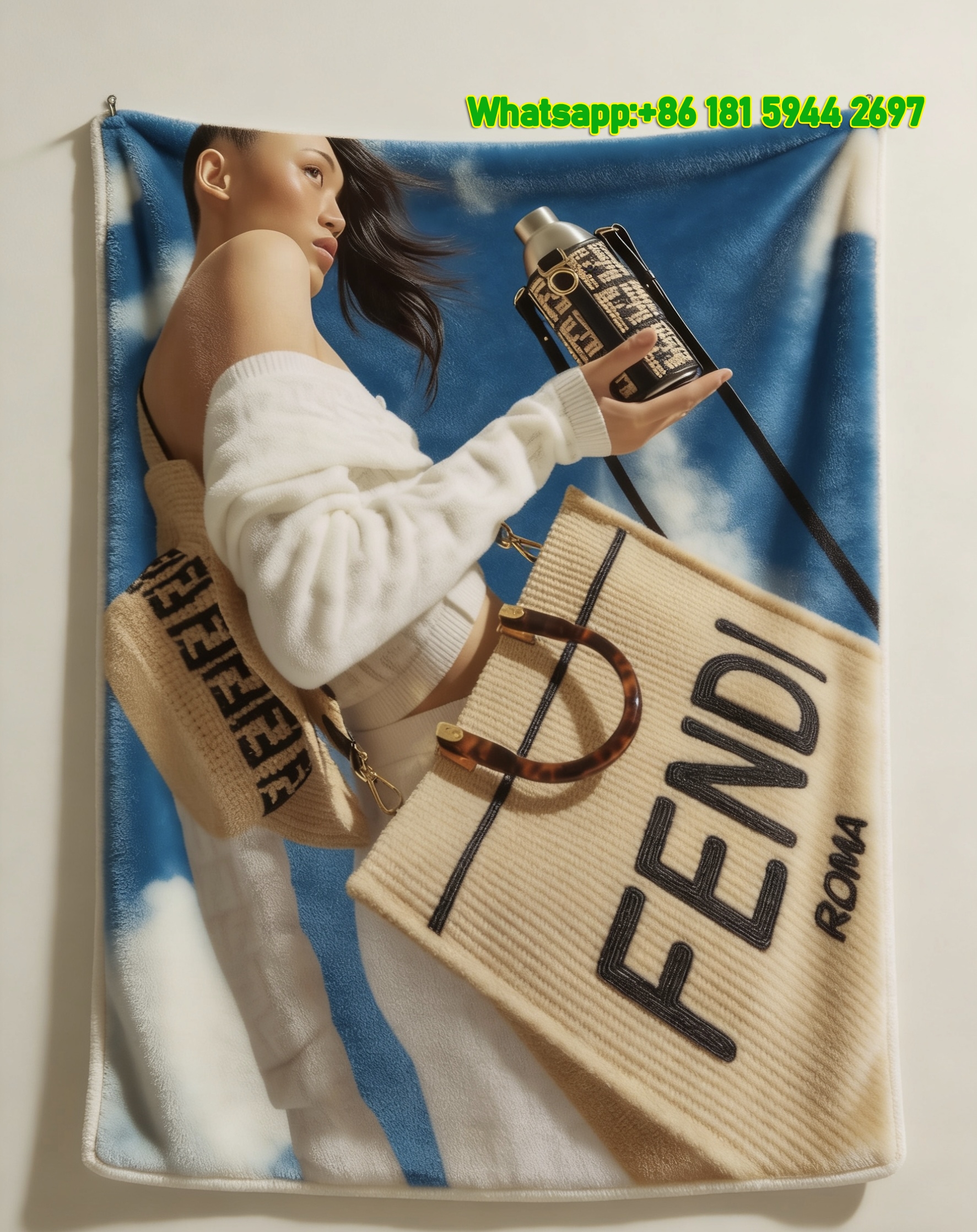 Fendi Beige Navy Blue Sky Flannel Sofa Throw Blanket Beach Wall Decor IMG_9532